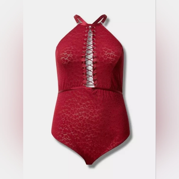 Torrid Curve Animal Lace-up Halter Bodysuit Rhubarb Red 3x New - Picture 4 of 10